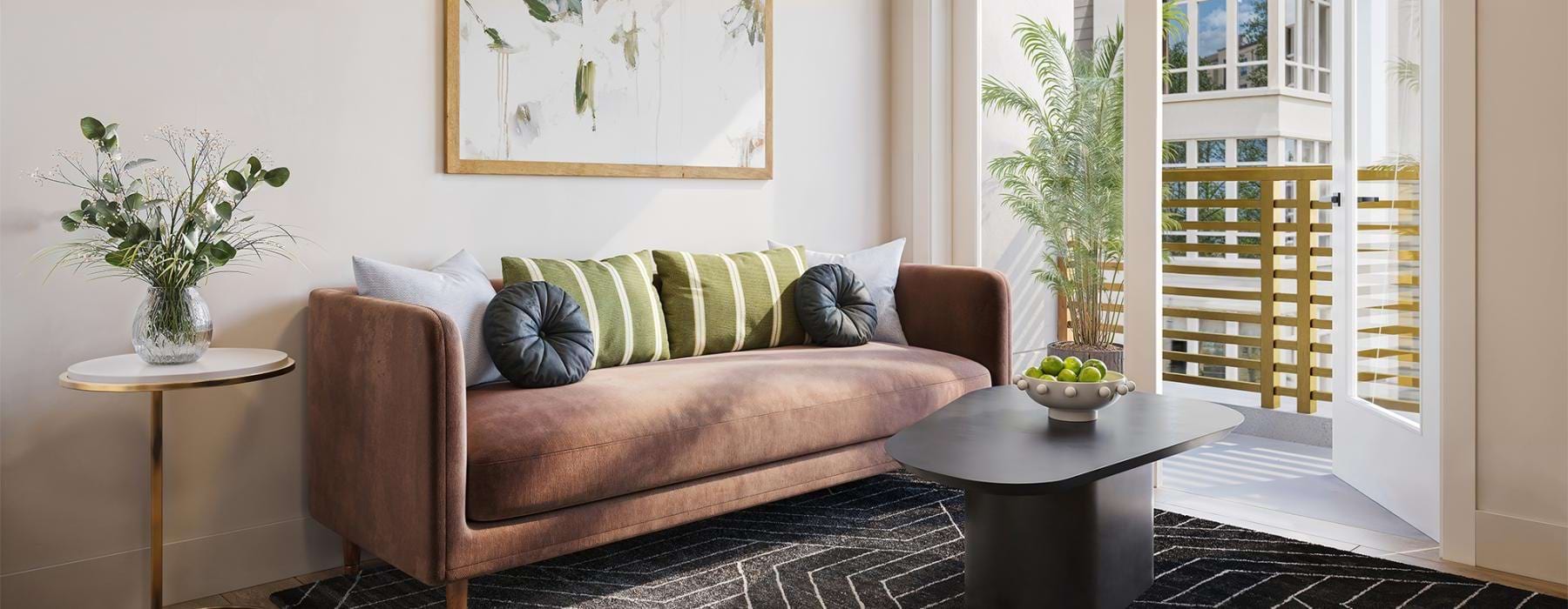 a living room with a couch and coffee table