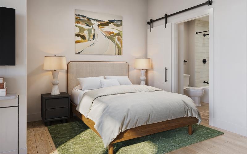 a bedroom with a large bed