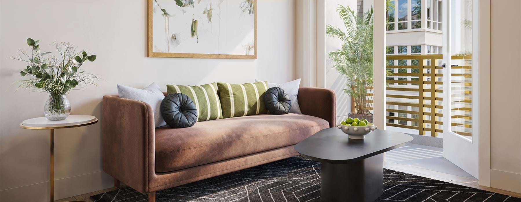 a living room with a couch and coffee table